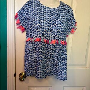 Andree Blue and White Printed Tee with Tassel Detail